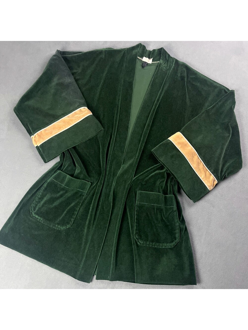 70's Men's Green Velour House Robe with Beige Stripes